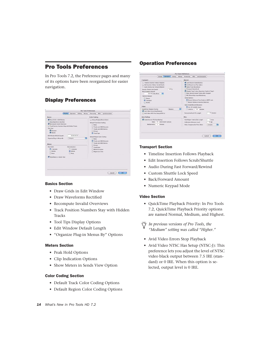 Pro tools preferences, Display preferences, Operation preferences | Avid Technology Pro Tools  HD 7.2 User Manual | Page 20 / 130