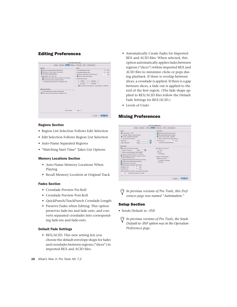 Editing preferences, Mixing preferences, Setup section | Avid Technology Pro Tools  HD 7.2 User Manual | Page 22 / 130