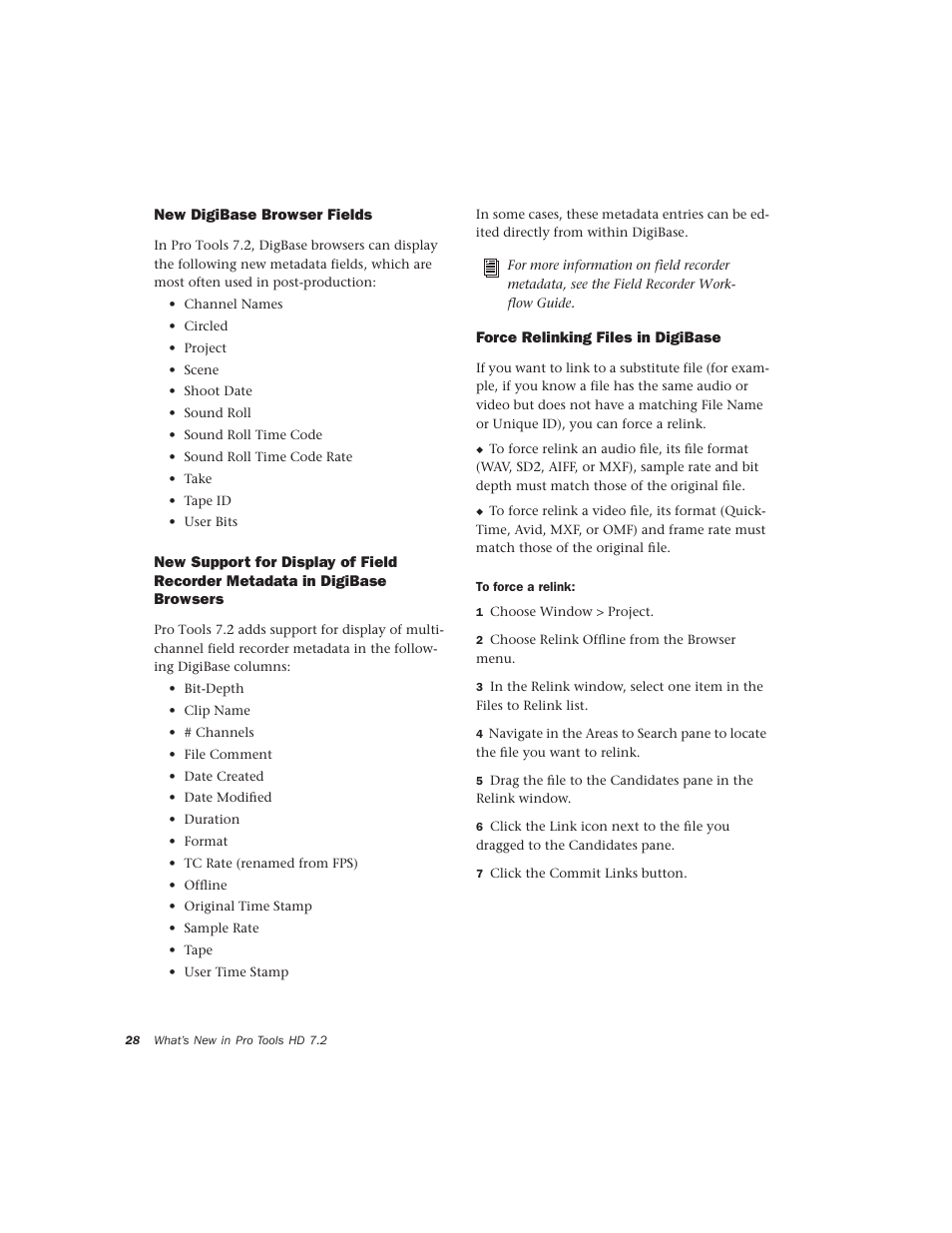 New digibase browser fields, Force relinking files in digibase | Avid Technology Pro Tools  HD 7.2 User Manual | Page 34 / 130
