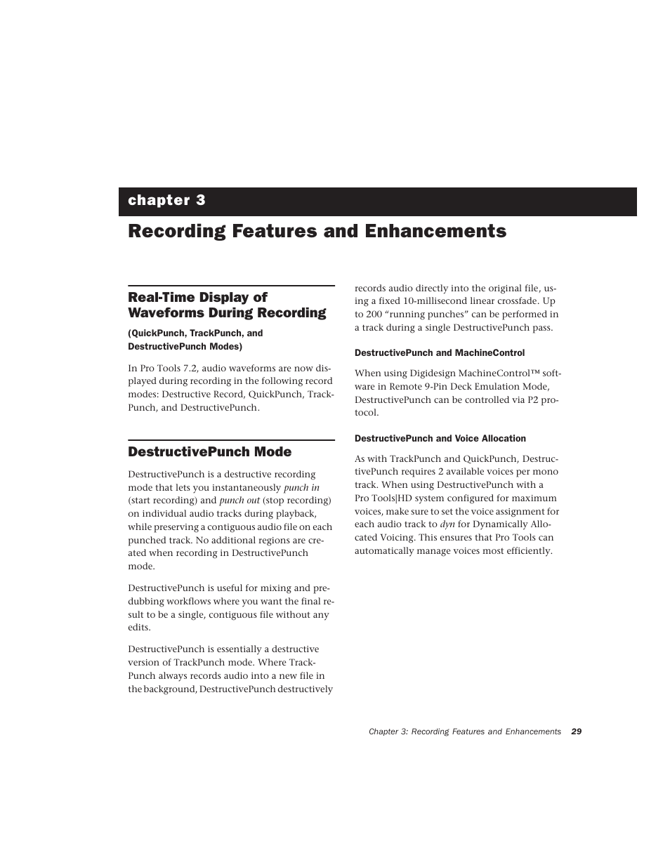 Recording features and enhancements, Real-time display of waveforms during recording, Destructivepunch mode | Chapter 3. recording features and enhancements, Chapter 3 | Avid Technology Pro Tools  HD 7.2 User Manual | Page 35 / 130