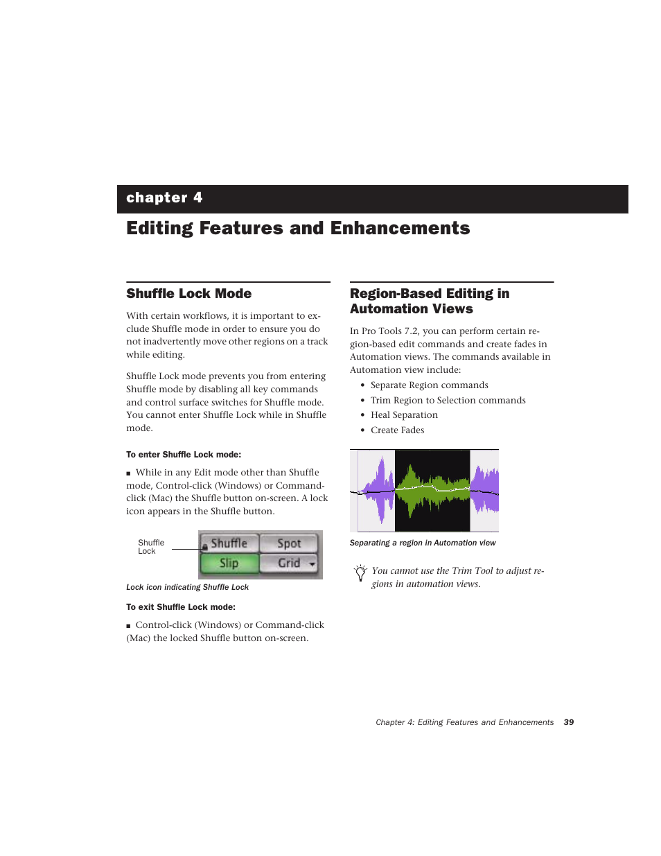 Editing features and enhancements, Shuffle lock mode, Region-based editing in automation views | Chapter 4. editing features and enhancements, Chapter 4 | Avid Technology Pro Tools  HD 7.2 User Manual | Page 45 / 130