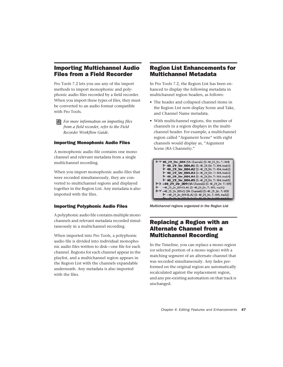 Importing monophonic audio files, Importing polyphonic audio files, Region list enhancements for multichannel metadata | Avid Technology Pro Tools  HD 7.2 User Manual | Page 53 / 130