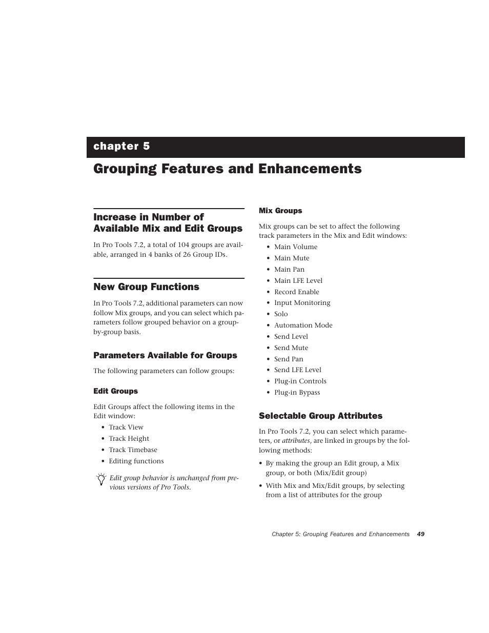 Grouping features and enhancements, New group functions, Parameters available for groups | Edit groups, Mix groups, Selectable group attributes, Chapter 5. grouping features and enhancements, Chapter 5 | Avid Technology Pro Tools  HD 7.2 User Manual | Page 55 / 130