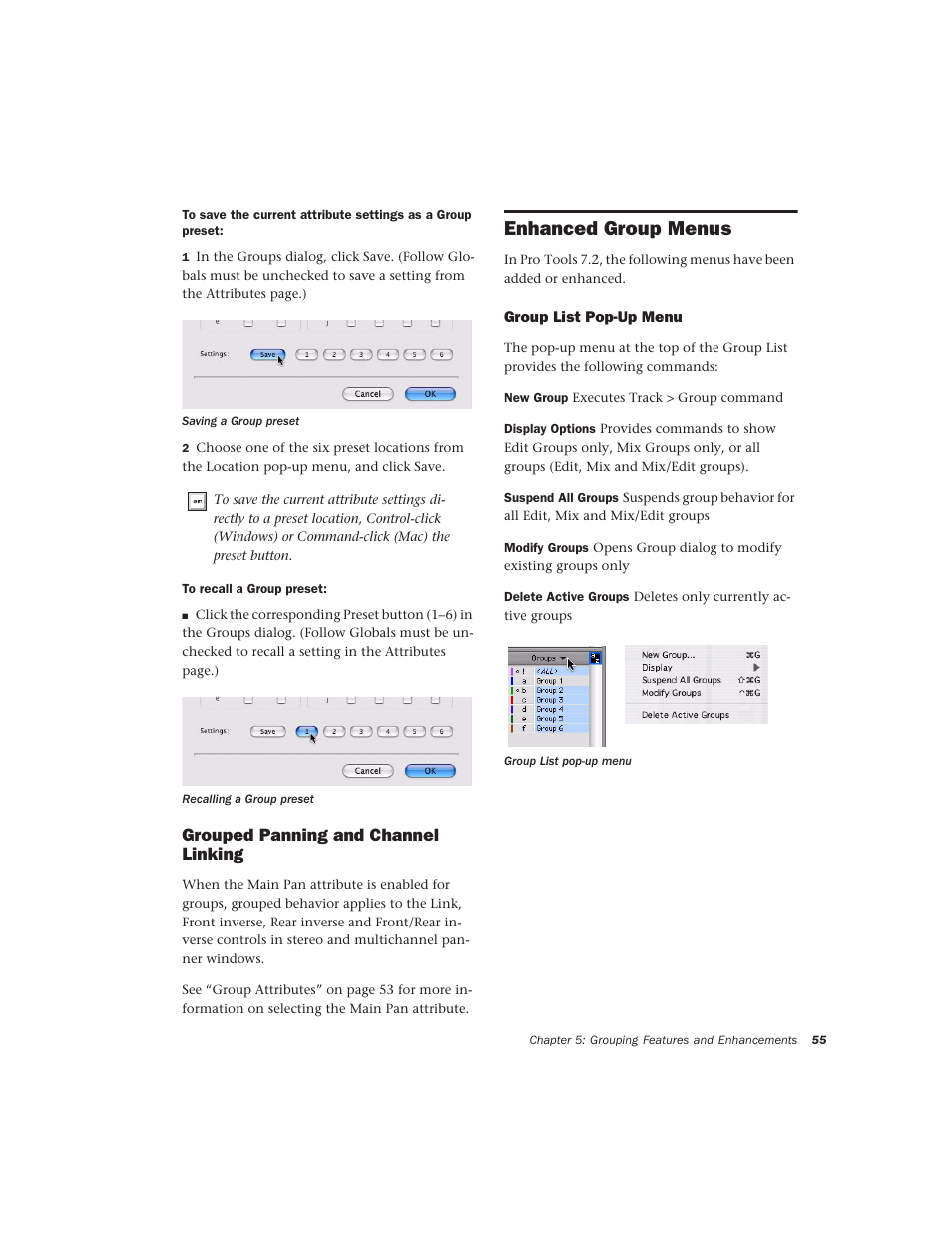 Grouped panning and channel linking, Enhanced group menus, Group list pop-up menu | Avid Technology Pro Tools  HD 7.2 User Manual | Page 61 / 130