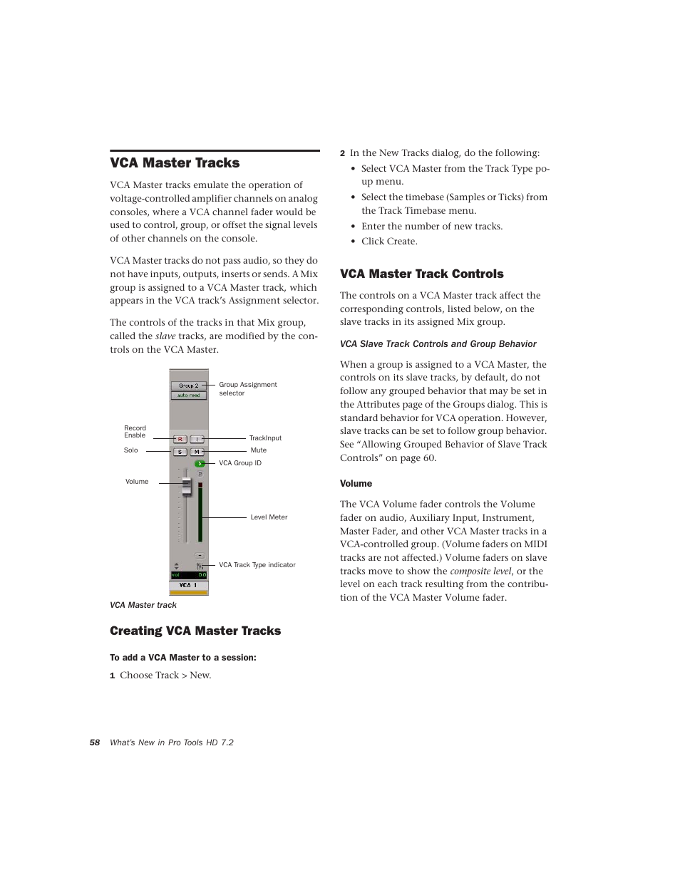 Vca master tracks, Creating vca master tracks, Vca master track controls | Avid Technology Pro Tools  HD 7.2 User Manual | Page 64 / 130