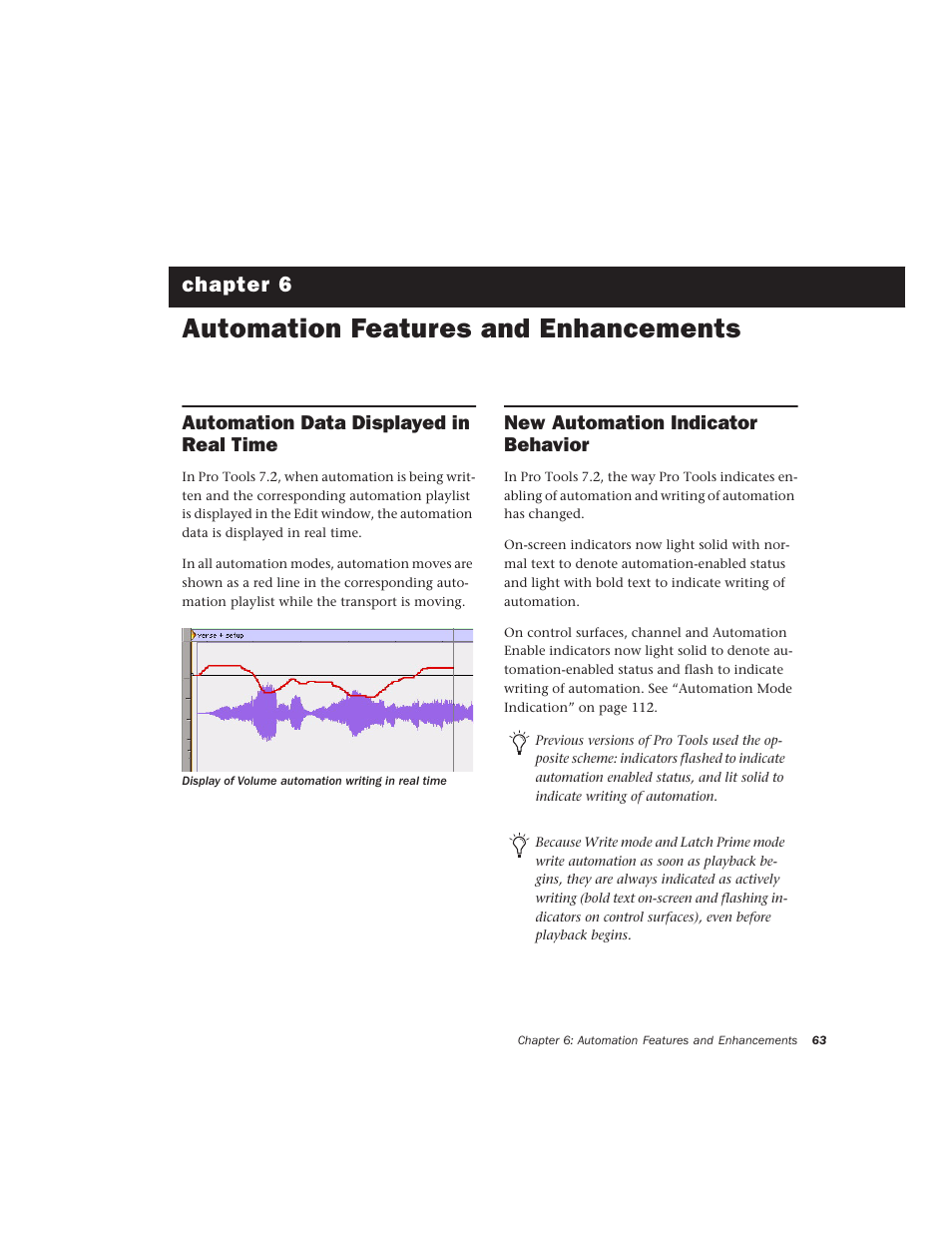 Automation features and enhancements, Automation data displayed in real time, New automation indicator behavior | Chapter 6. automation features and enhancements, Chapter 6 | Avid Technology Pro Tools  HD 7.2 User Manual | Page 69 / 130