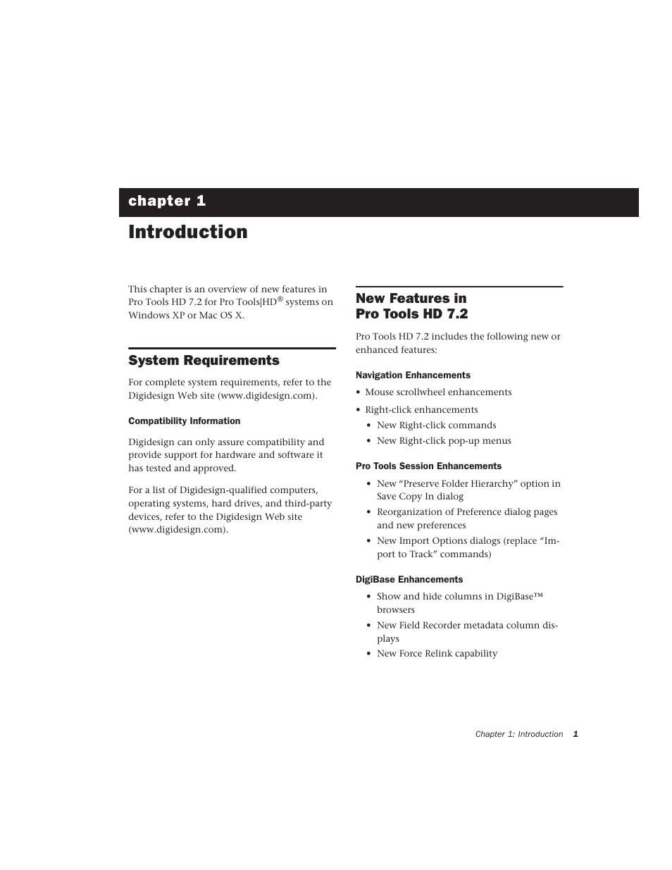 Introduction, System requirements, New features in pro tools hd 7.2 | Chapter 1. introduction, Chapter 1 | Avid Technology Pro Tools  HD 7.2 User Manual | Page 7 / 130