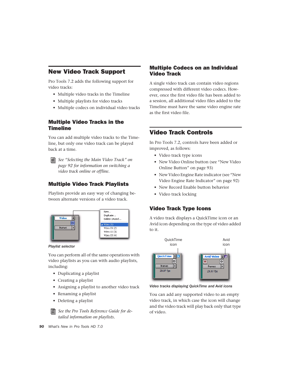 New video track support, Multiple video tracks in the timeline, Multiple video track playlists | Multiple codecs on an individual video track, Video track controls, Video track type icons | Avid Technology Pro Tools  HD 7.2 User Manual | Page 96 / 130