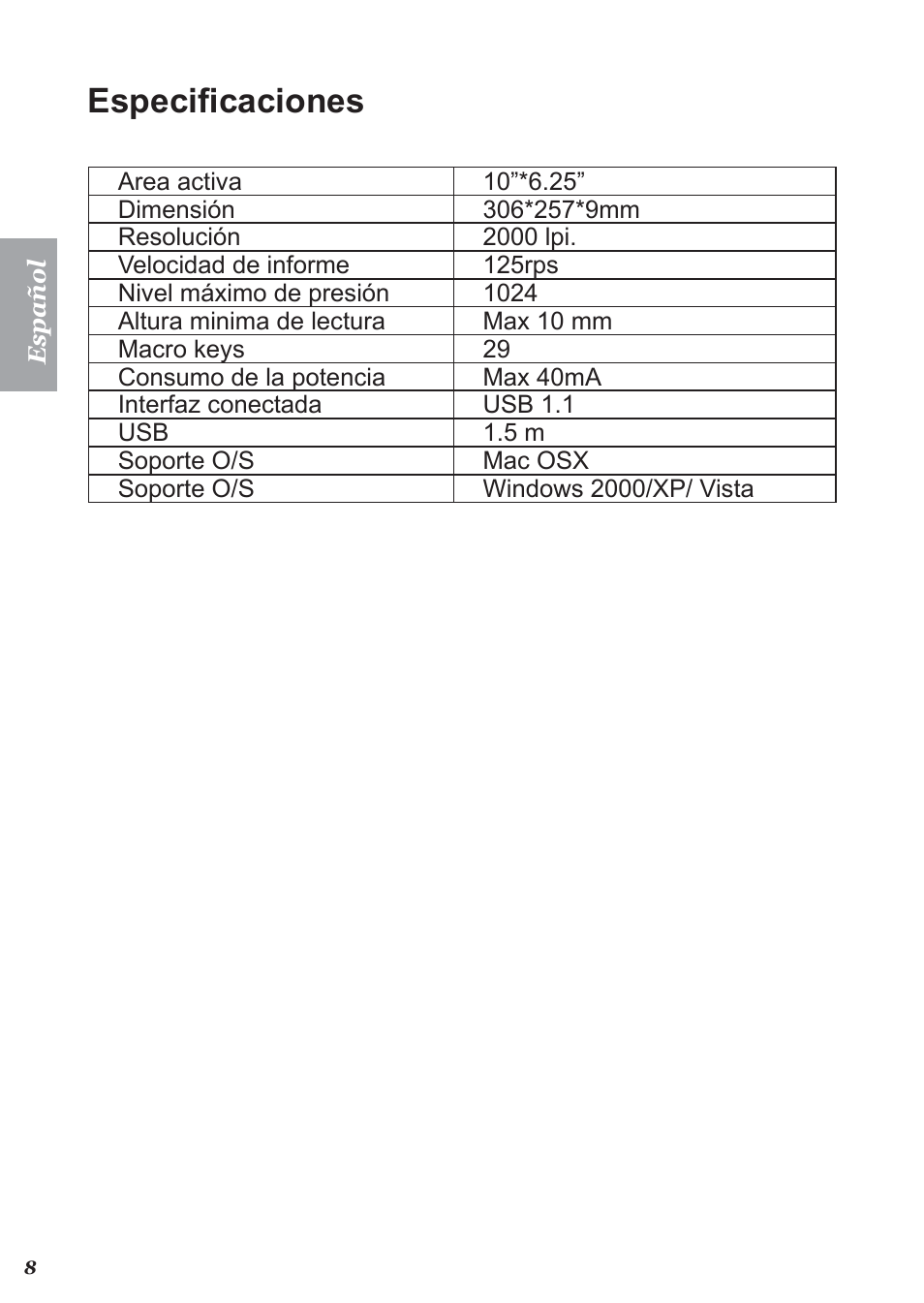 Especificaciones | Perixx PERITAB-301 User Manual | Page 43 / 61