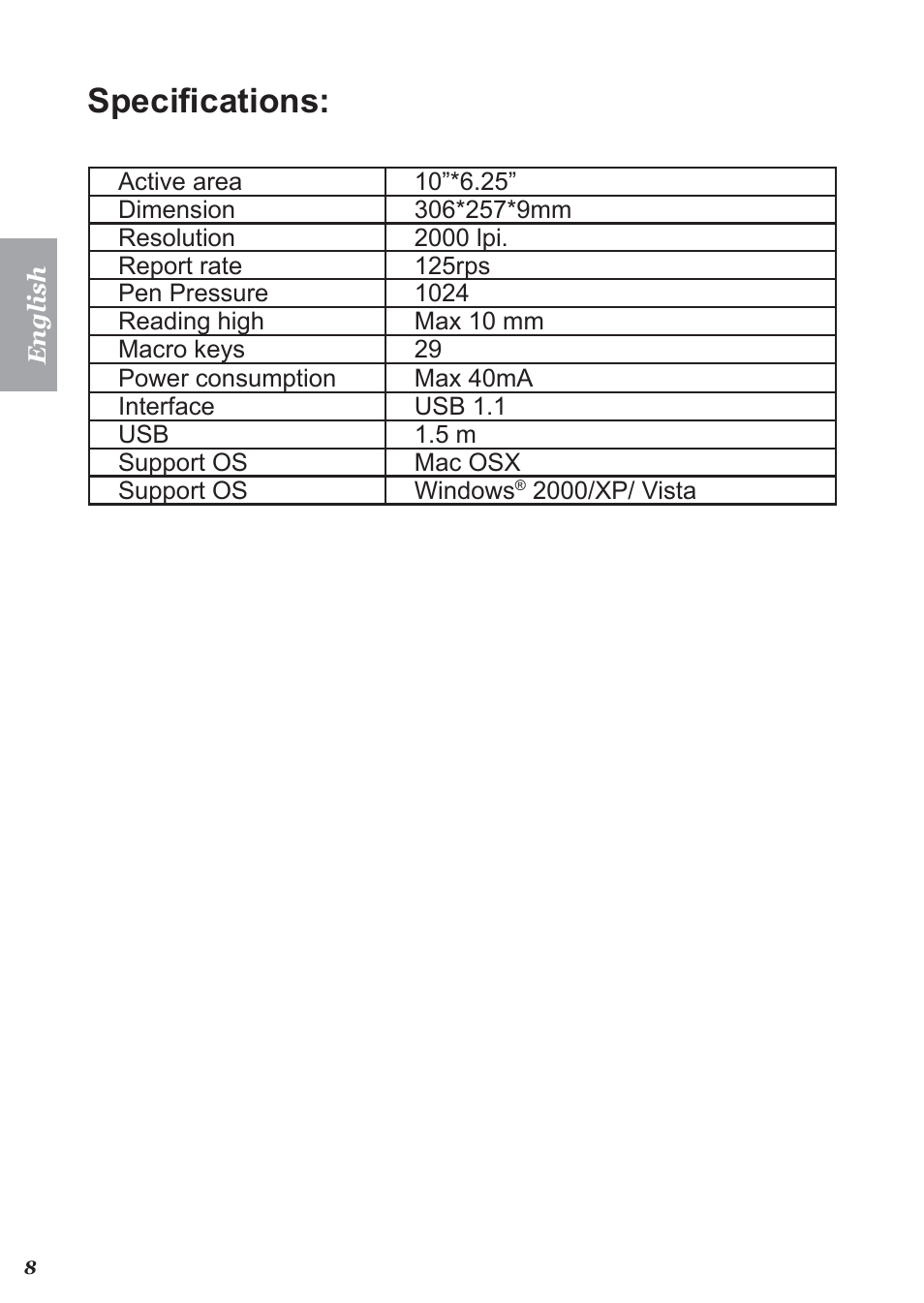Specifications | Perixx PERITAB-301 User Manual | Page 8 / 61