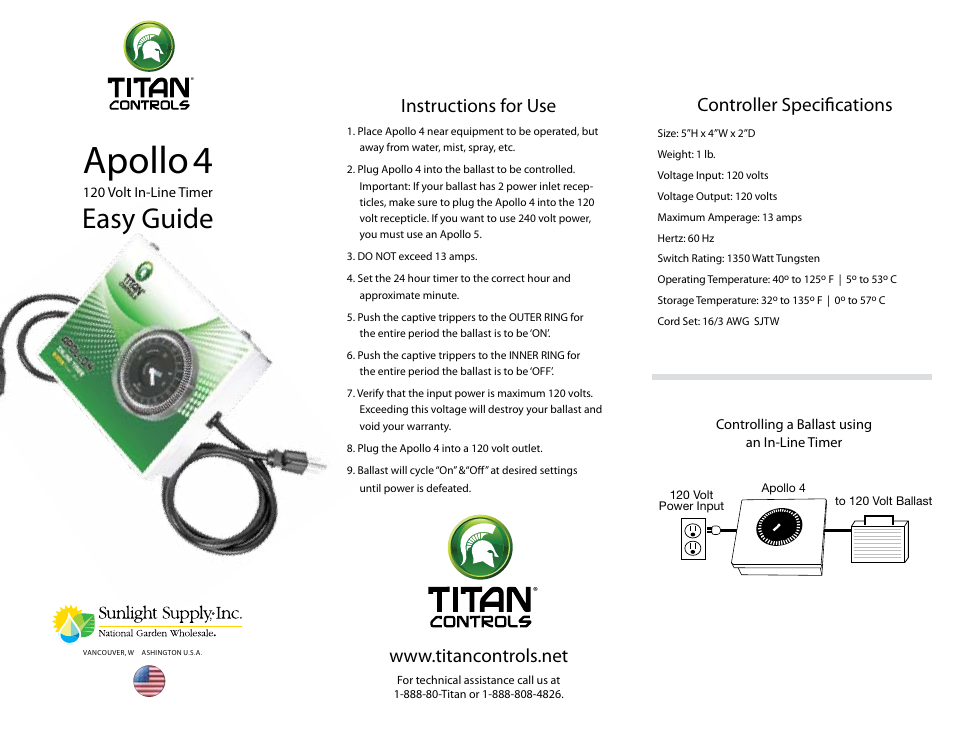 Sunlight Supply Titan Controls® Apollo® 4 - 120 Volt Ballast Timer User Manual | 2 pages