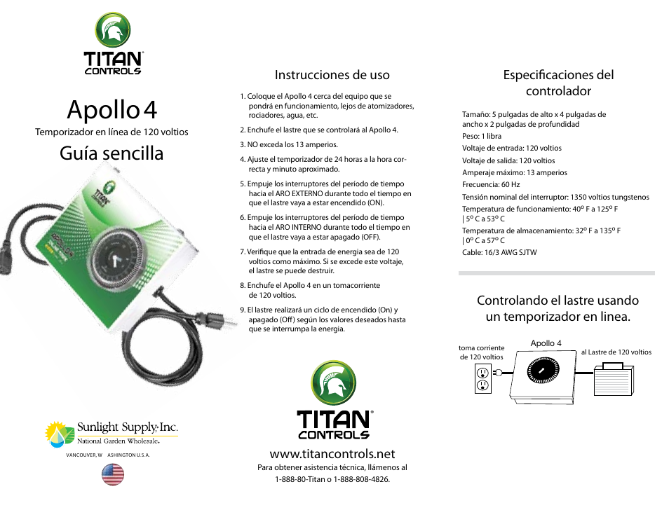 Apollo 4, Guía sencilla, Instrucciones de uso | Especificaciones del controlador | Sunlight Supply Titan Controls® Apollo® 4 - 120 Volt Ballast Timer User Manual | Page 2 / 2