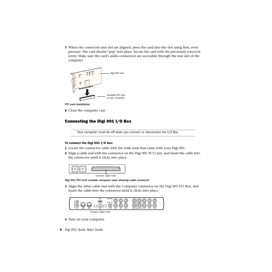 Connecting the digi001 i/o box, Connecting the digi 001 i/o box | Avid Technology DIGI 1 User Manual | Page 10 / 82