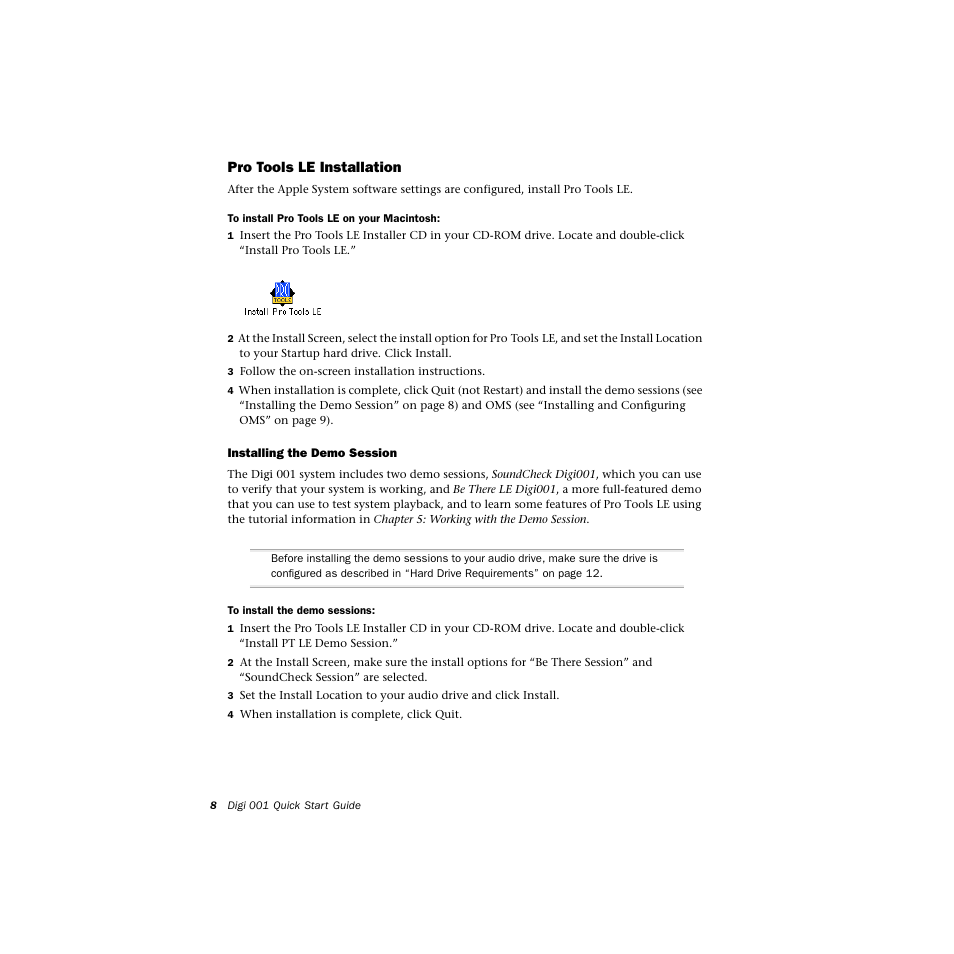 Protoolsle installation, Installing the demo session | Avid Technology DIGI 1 User Manual | Page 12 / 82