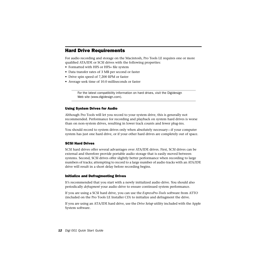 Hard drive requirements, Using system drives for audio, Scsi hard drives | Initialize and defragmenting drives | Avid Technology DIGI 1 User Manual | Page 16 / 82