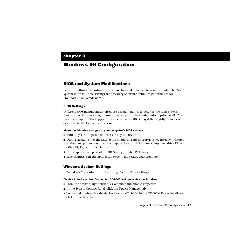 Windows98 configuration, Bios and system modifications, Bios settings | Windows system settings, Windows 98 configuration, Chapter 3 | Avid Technology DIGI 1 User Manual | Page 19 / 82