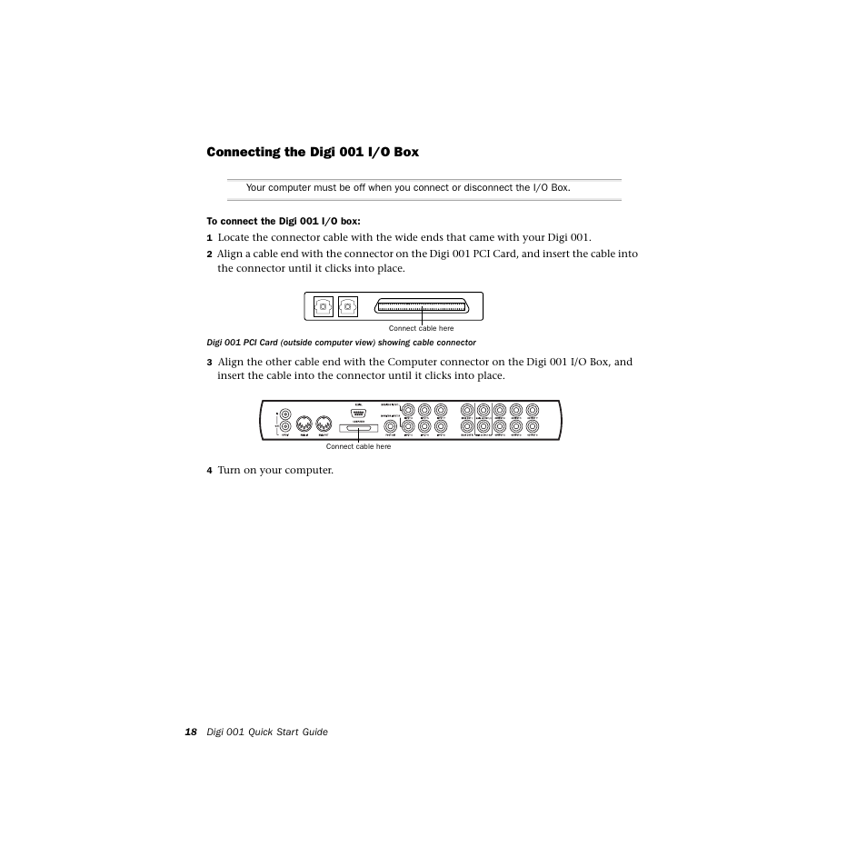 Connecting the digi001 i/o box, Connecting the digi 001 i/o box | Avid Technology DIGI 1 User Manual | Page 22 / 82