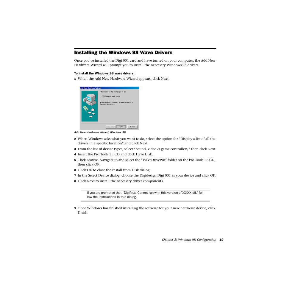 Installing the windows98 wave drivers, Installing the windows 98 wave drivers | Avid Technology DIGI 1 User Manual | Page 23 / 82