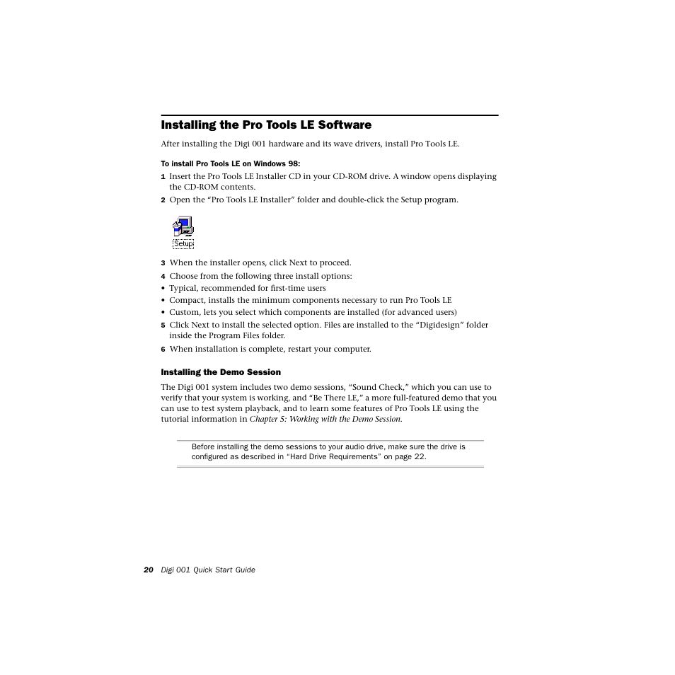 Installing the protoolsle software, Installing the demo session, Installing the pro tools le software | Avid Technology DIGI 1 User Manual | Page 24 / 82