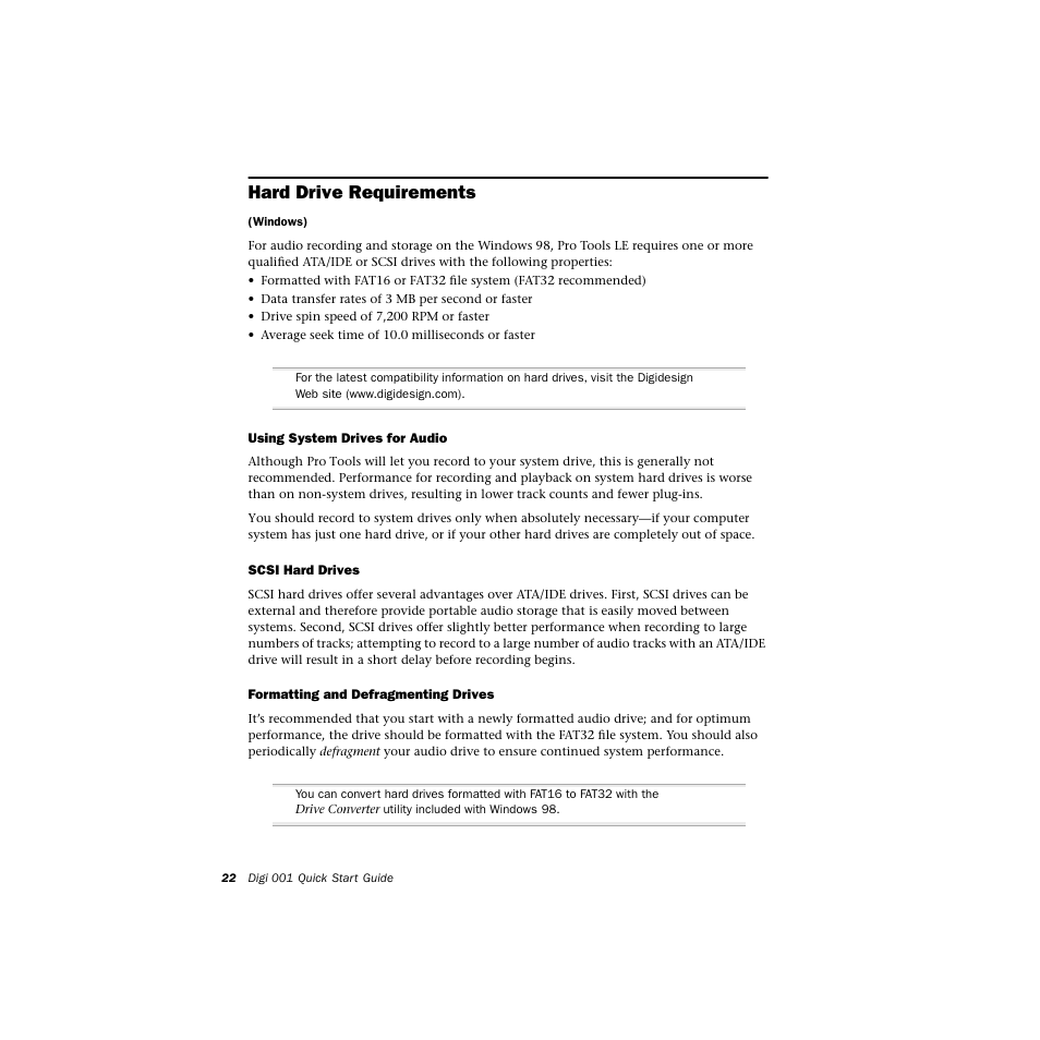 Hard drive requirements, Using system drives for audio, Scsi hard drives | Formatting and defragmenting drives | Avid Technology DIGI 1 User Manual | Page 26 / 82