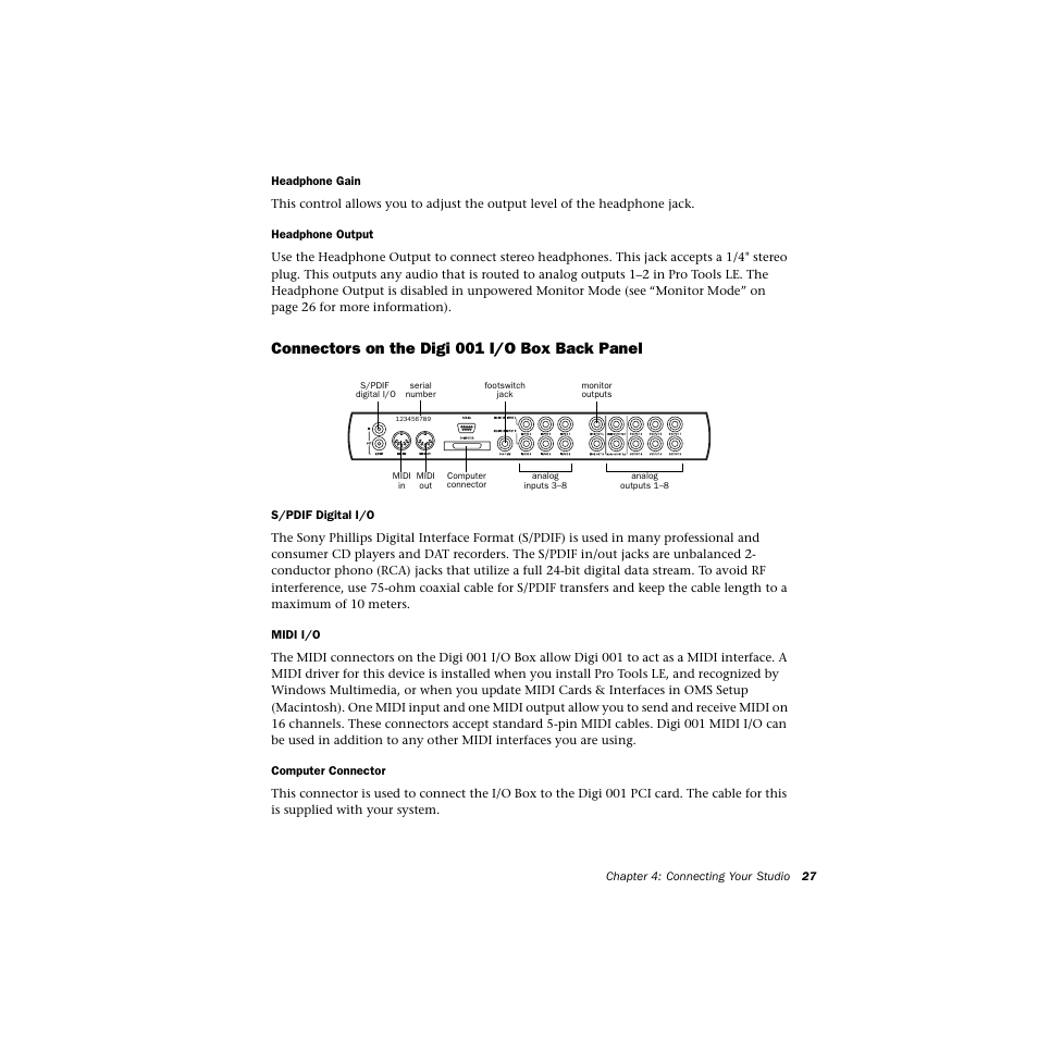 Connectors on the digi001 i/o box back panel, Connectors on the digi 001 i/o box back panel | Avid Technology DIGI 1 User Manual | Page 31 / 82