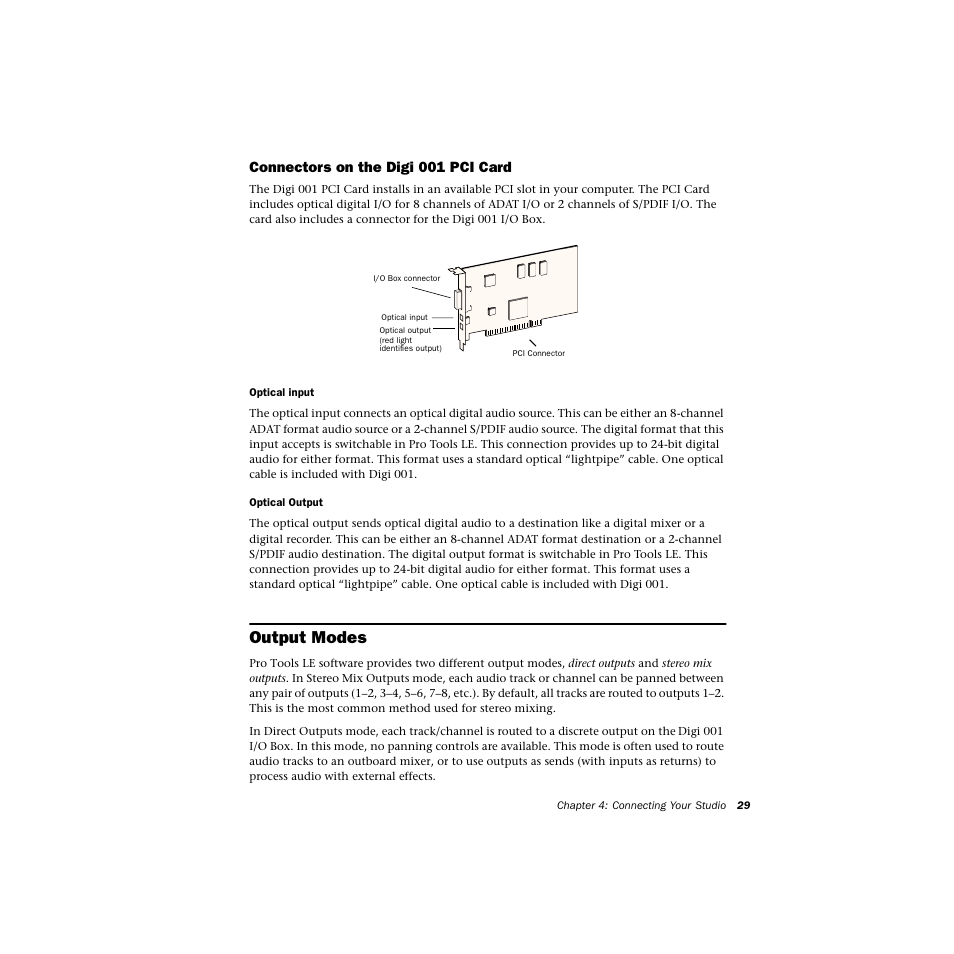 Connectors on the digi001 pci card, Output modes | Avid Technology DIGI 1 User Manual | Page 33 / 82