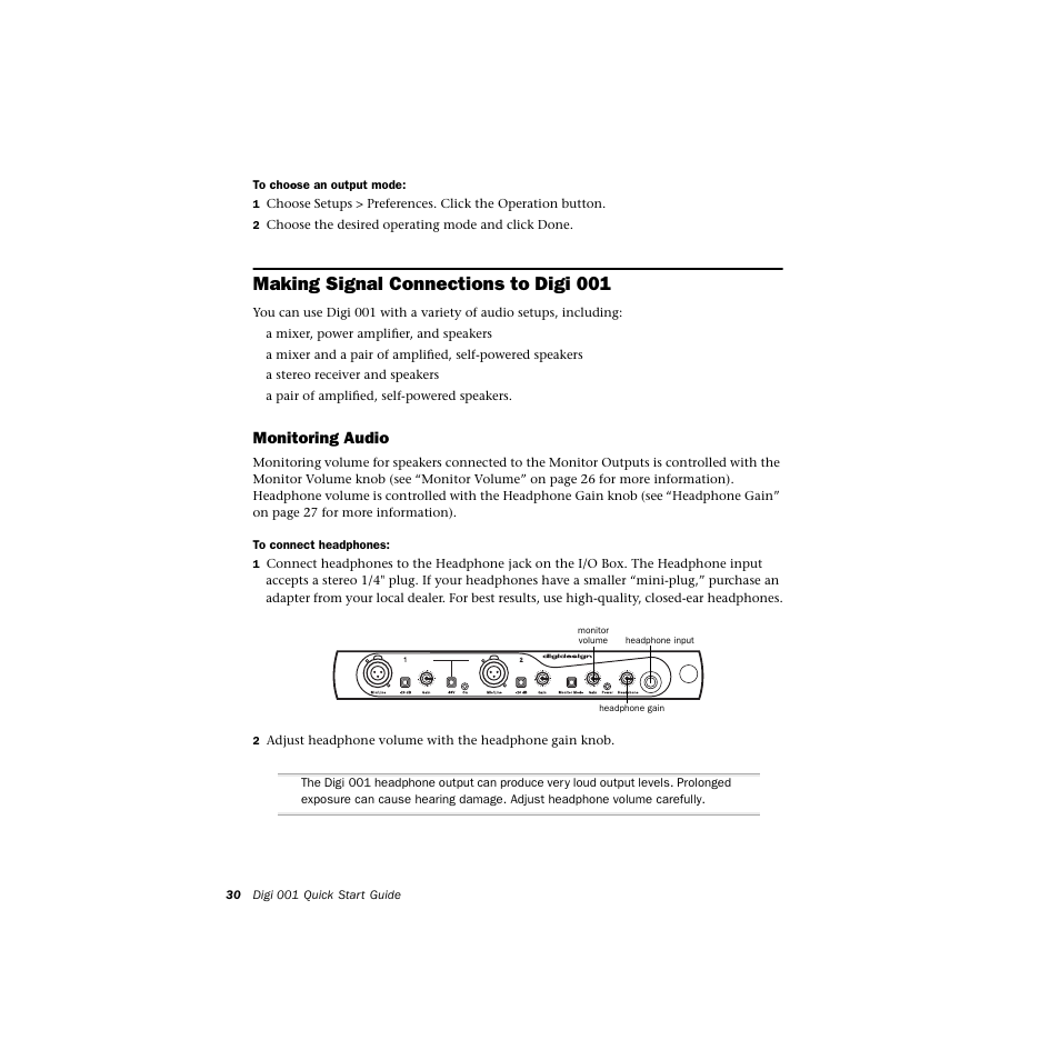 Making signal connections to digi001, Monitoring audio, Making signal connections to digi 001 | Avid Technology DIGI 1 User Manual | Page 34 / 82