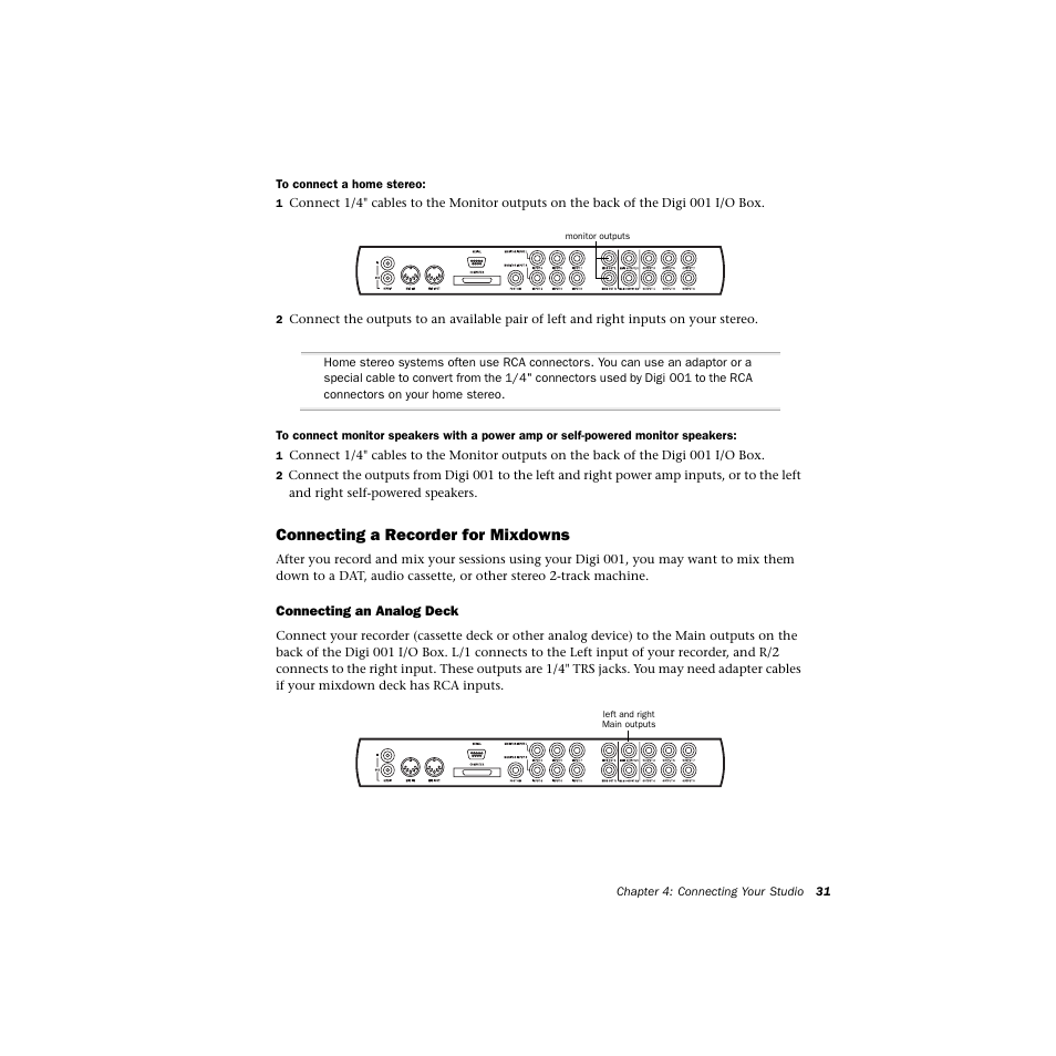 Connecting a recorder for mixdowns, Connecting an analog deck | Avid Technology DIGI 1 User Manual | Page 35 / 82