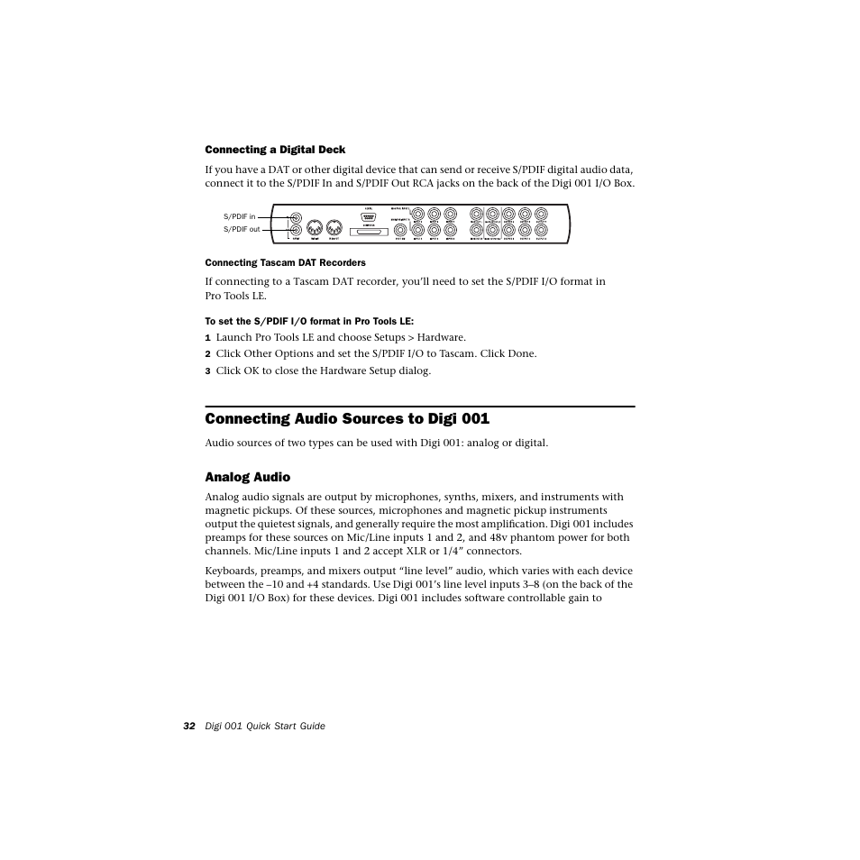 Connecting a digital deck, Connecting audio sources to digi001, Analog audio | Connecting audio sources to digi 001 | Avid Technology DIGI 1 User Manual | Page 36 / 82