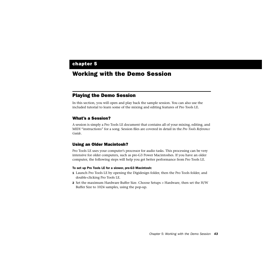 Working with the demo session, Playing the demo session, What’s a session | Using an older macintosh, Chapter 5. working with the demo session, Chapter 5 | Avid Technology DIGI 1 User Manual | Page 47 / 82