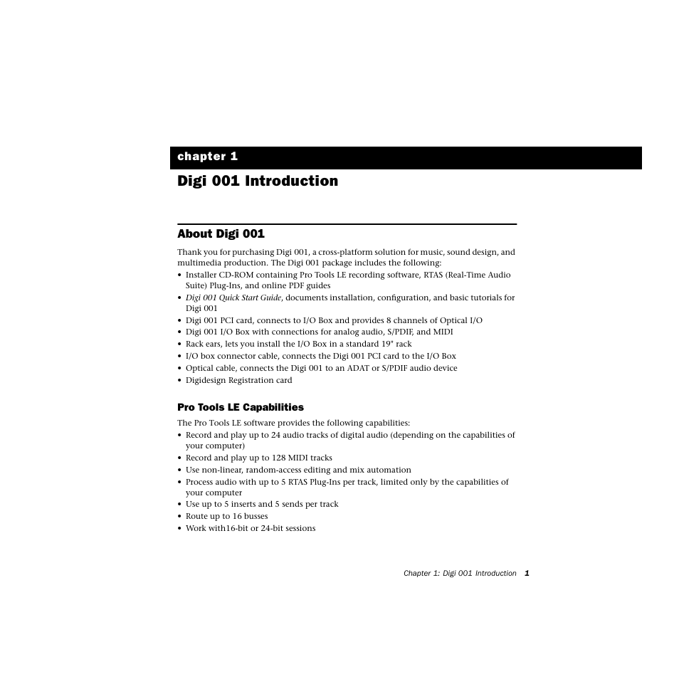 Digi001 introduction, About digi001, Protoolsle capabilities | Digi 001 introduction, About digi 001 | Avid Technology DIGI 1 User Manual | Page 5 / 82