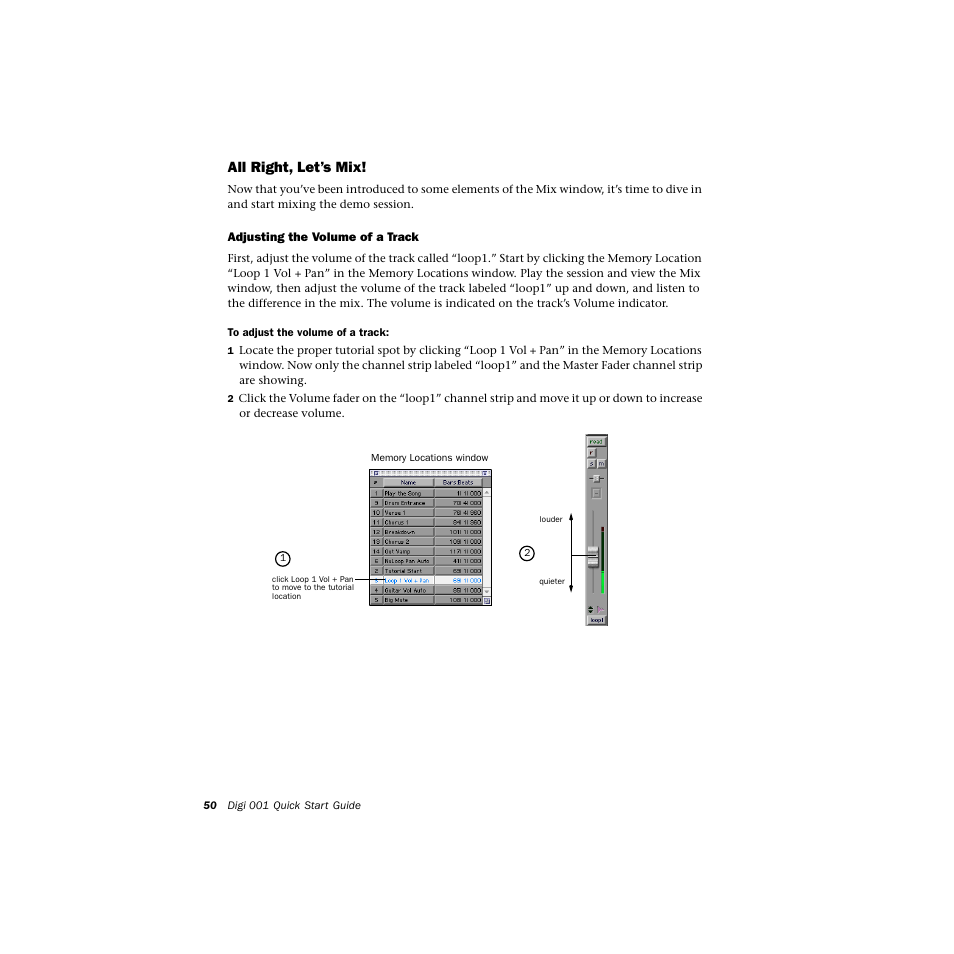 All right, let’s mix, Adjusting the volume of a track | Avid Technology DIGI 1 User Manual | Page 54 / 82