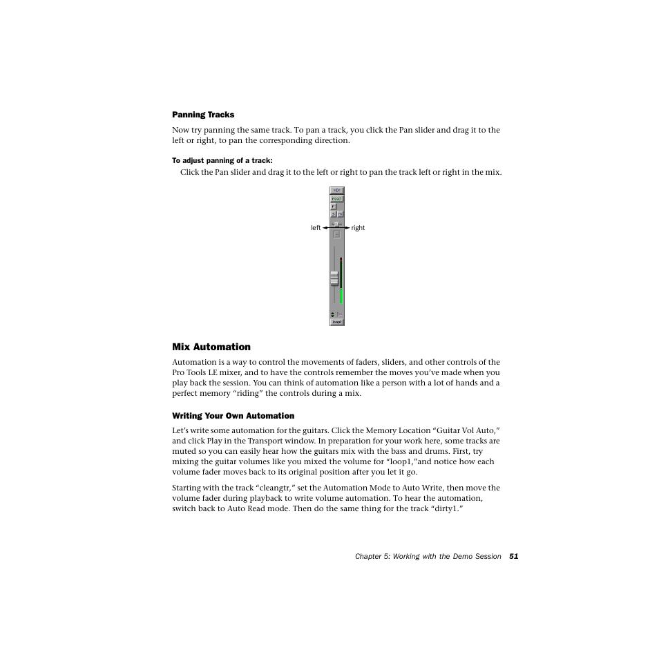 Panning tracks, Mix automation, Writing your own automation | Avid Technology DIGI 1 User Manual | Page 55 / 82