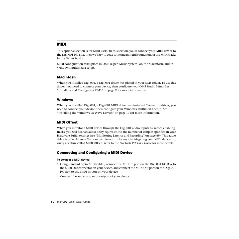 Midi, Macintosh, Windows | Midi offset, Connecting and configuring a midi device | Avid Technology DIGI 1 User Manual | Page 64 / 82