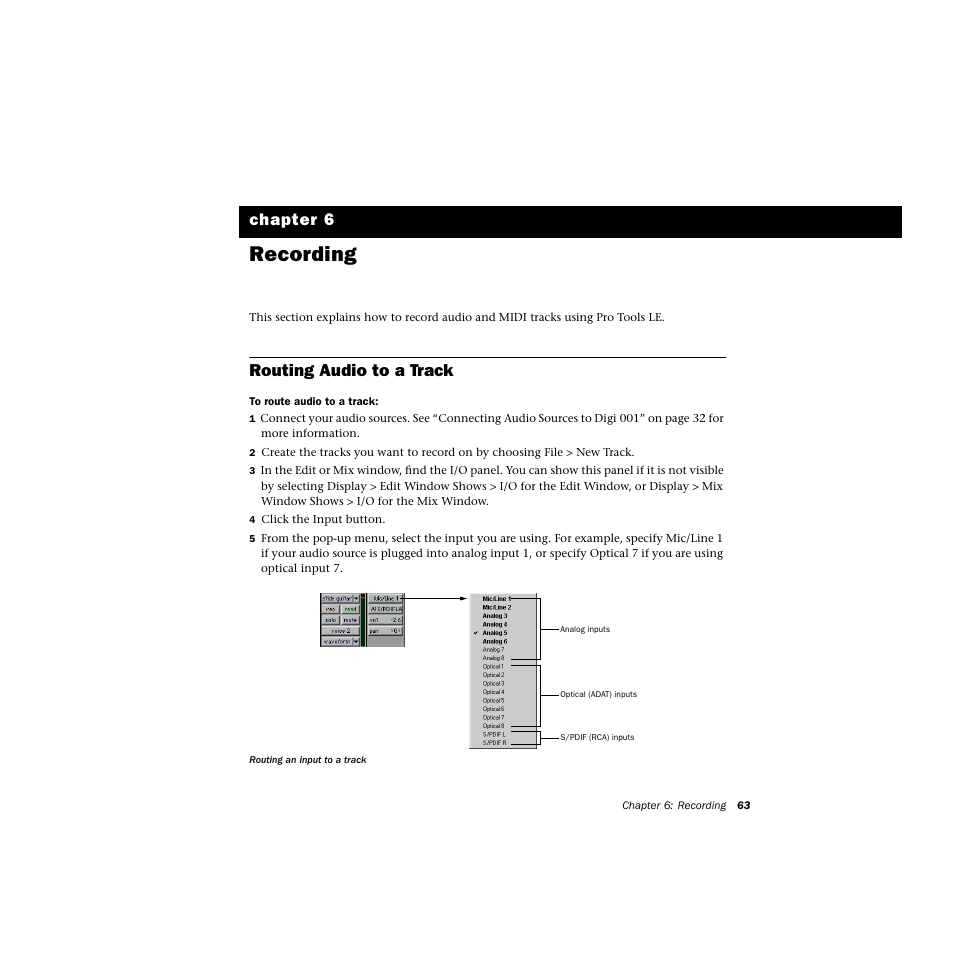 Recording, Routing audio to a track, Chapter 6. recording | Chapter 6 | Avid Technology DIGI 1 User Manual | Page 67 / 82