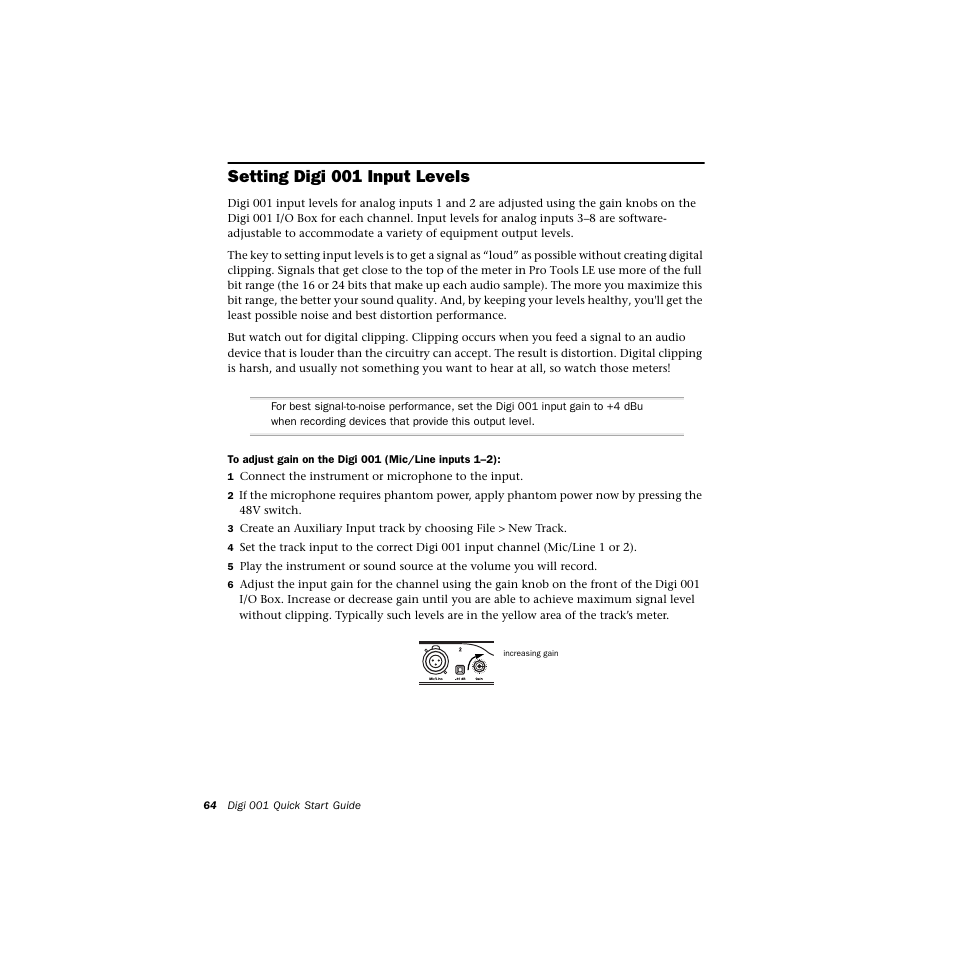 Setting digi001 input levels, Setting digi 001 input levels | Avid Technology DIGI 1 User Manual | Page 68 / 82