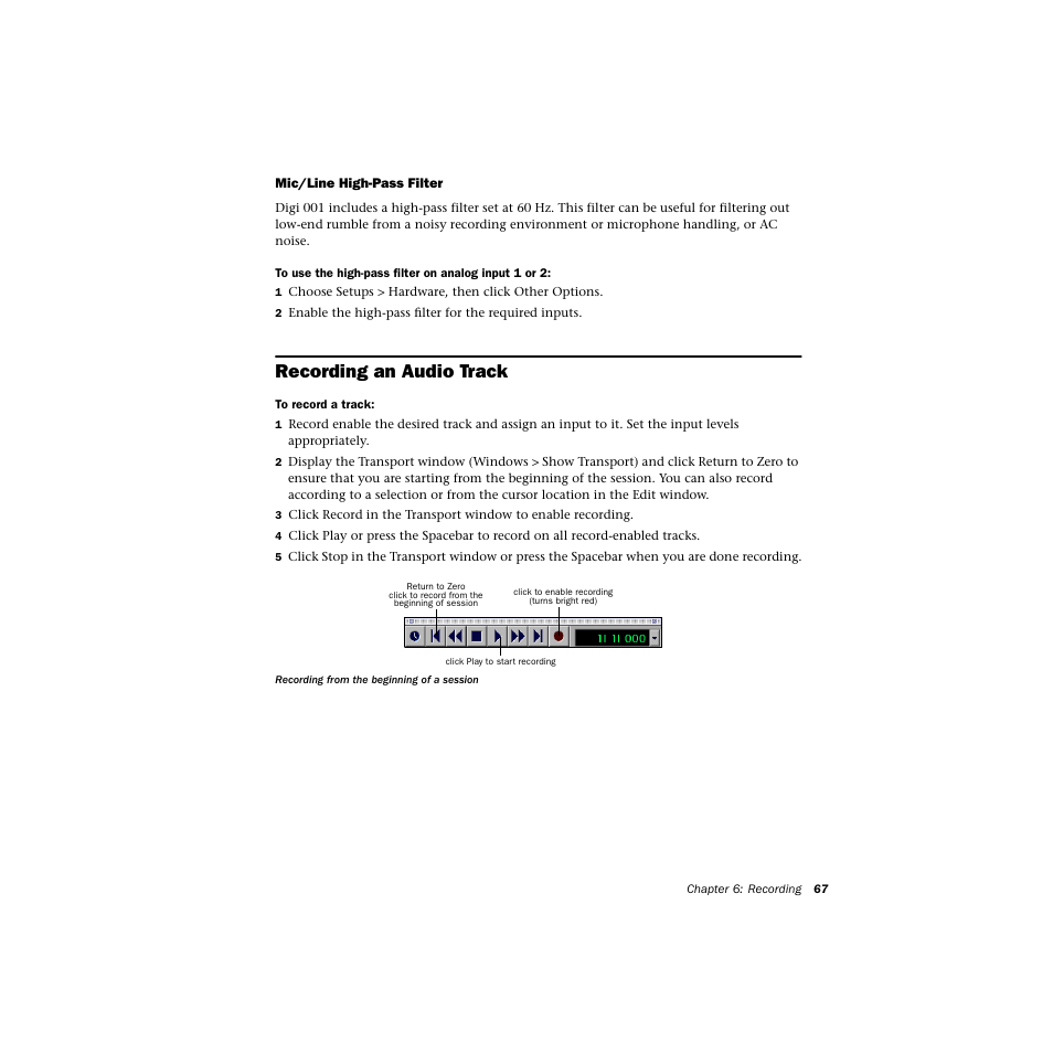 Mic/line high-pass filter, Recording an audio track | Avid Technology DIGI 1 User Manual | Page 71 / 82