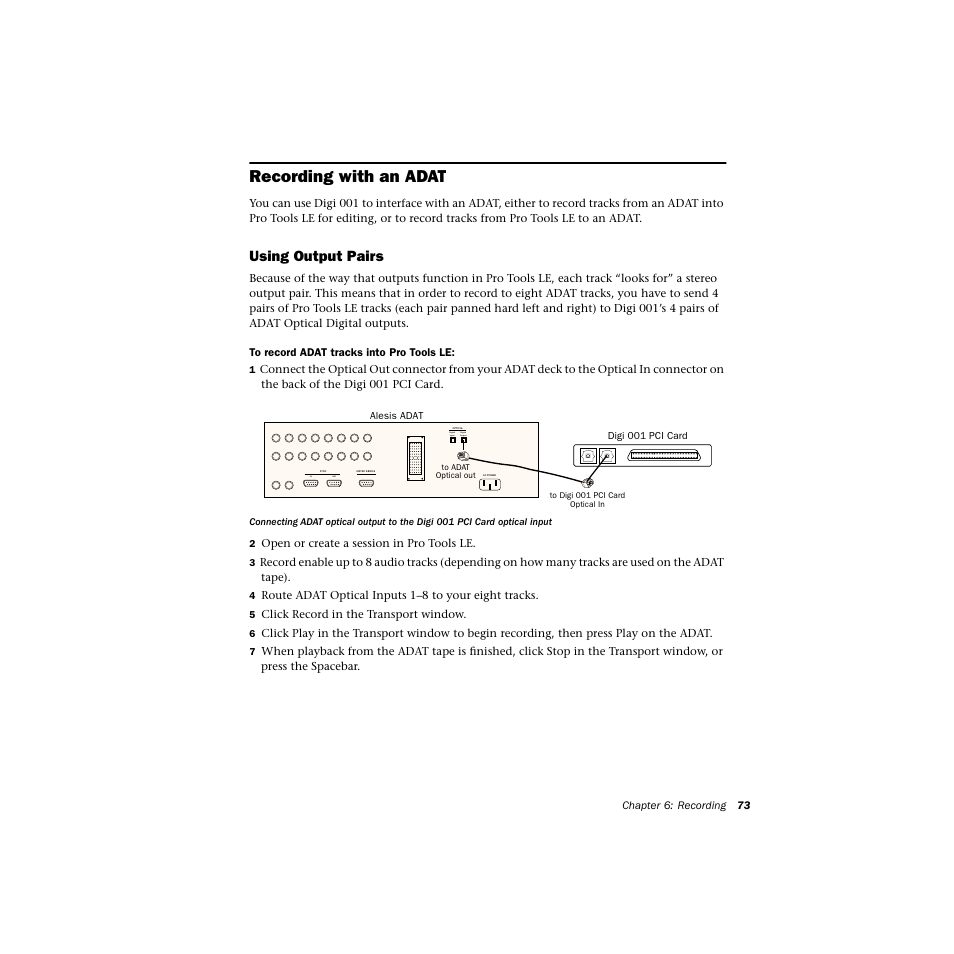 Recording with an adat, Using output pairs, Digital input in out digital output | Avid Technology DIGI 1 User Manual | Page 77 / 82