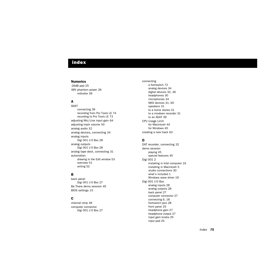 Index | Avid Technology DIGI 1 User Manual | Page 79 / 82