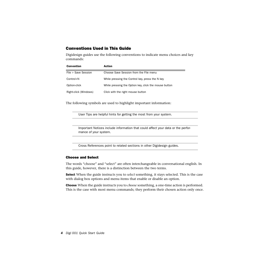 Conventions used in this guide, Choose and select | Avid Technology DIGI 1 User Manual | Page 8 / 82