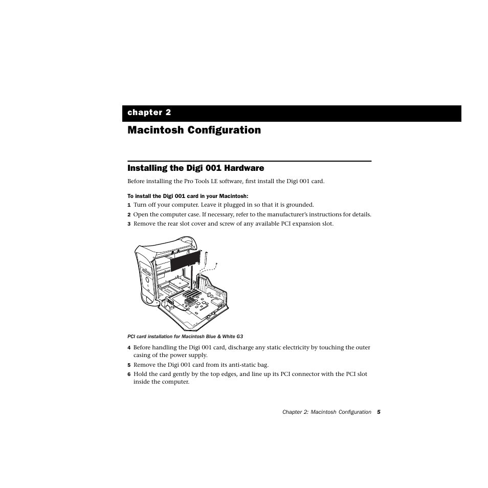 Macintosh configuration, Installing the digi001 hardware, Installing the digi 001 hardware | Chapter 2 | Avid Technology DIGI 1 User Manual | Page 9 / 82