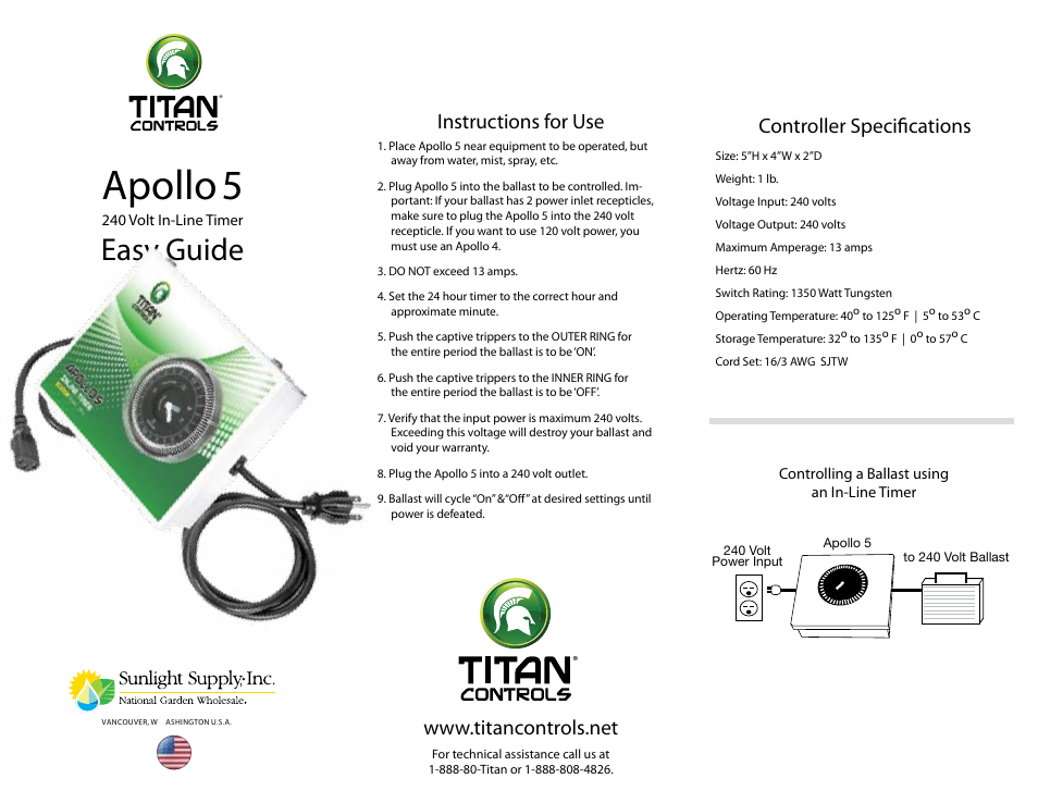 Sunlight Supply Titan Controls® Apollo® 5 - 240 Volt Ballast Timer User Manual | 2 pages