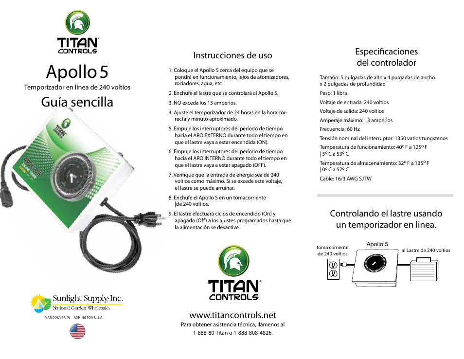 Apollo 5, Guía sencilla, Instrucciones de uso | Especificaciones del controlador | Sunlight Supply Titan Controls® Apollo® 5 - 240 Volt Ballast Timer User Manual | Page 2 / 2