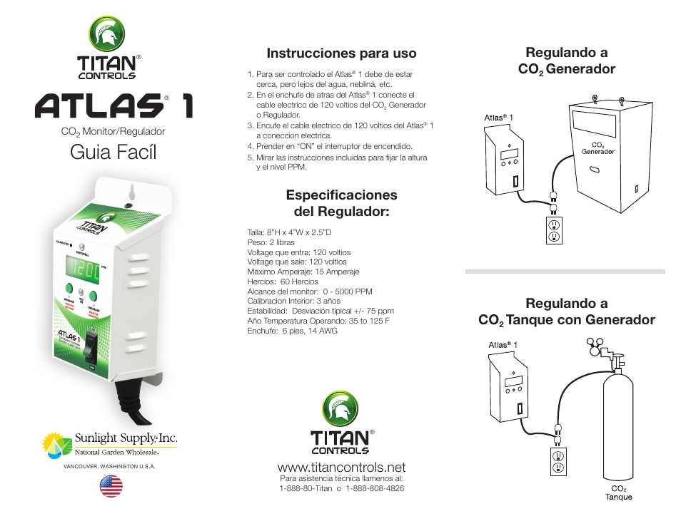 Atlas, Guia facíl, Instrucciones para uso | Especificaciones del regulador, Regulando a co, Generador regulando a co, Tanque con generador | Sunlight Supply Titan Controls® Atlas® 1 - CO2 Monitor/Controller User Manual | Page 2 / 2