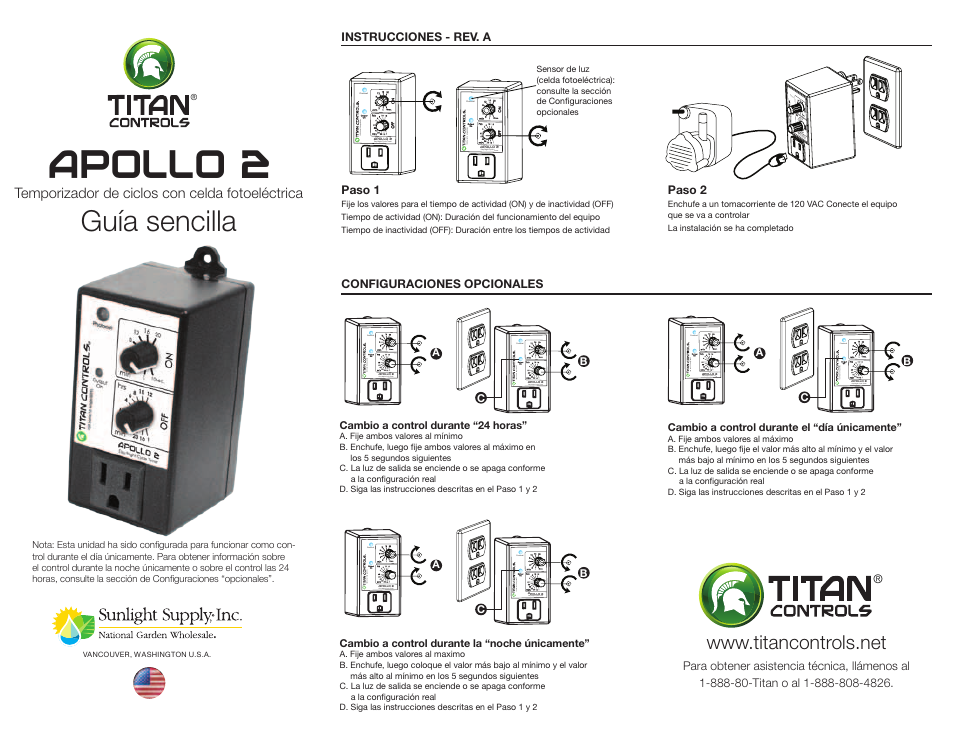 Apollo 2, Guía sencilla | Sunlight Supply Titan Controls® Apollo® 2 - Cycle Timer with Photocell User Manual | Page 2 / 2