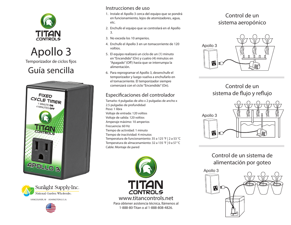 Apollo 3, Guía sencilla | Sunlight Supply Titan Controls® Apollo® 3 - Fixed Cycle Timer User Manual | Page 2 / 2
