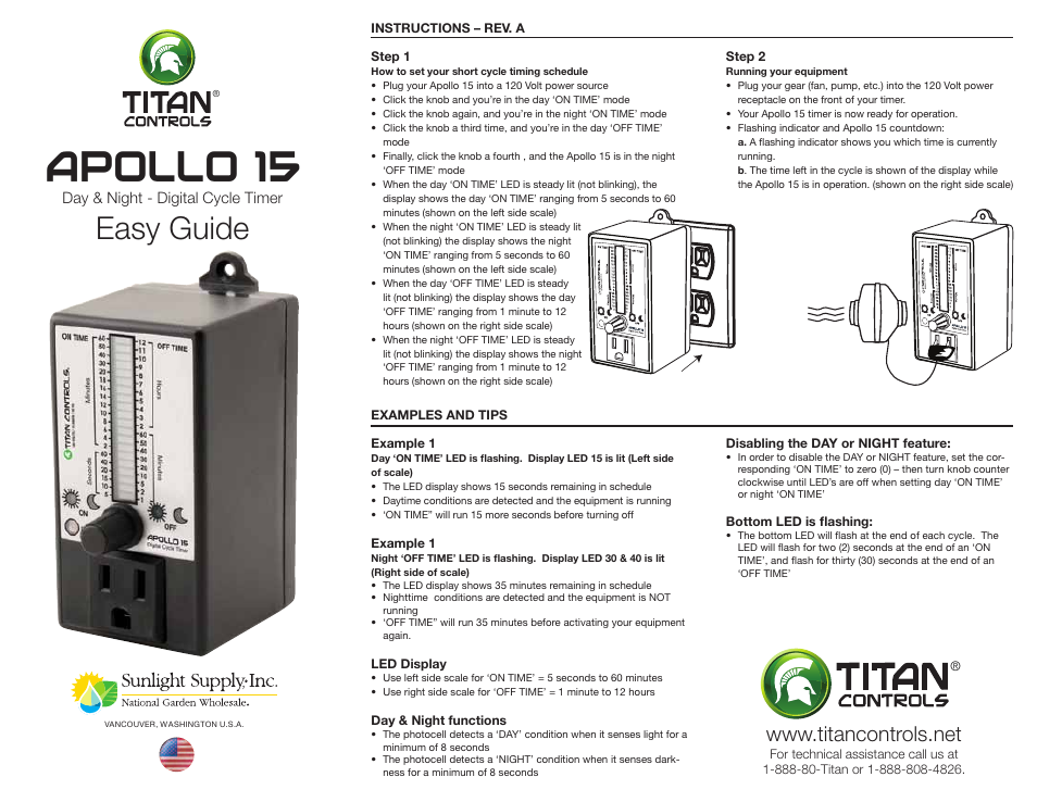 Sunlight Supply Titan Controls® Apollo® 15 - Day/Night Digital Cycle Timer User Manual | 1 page