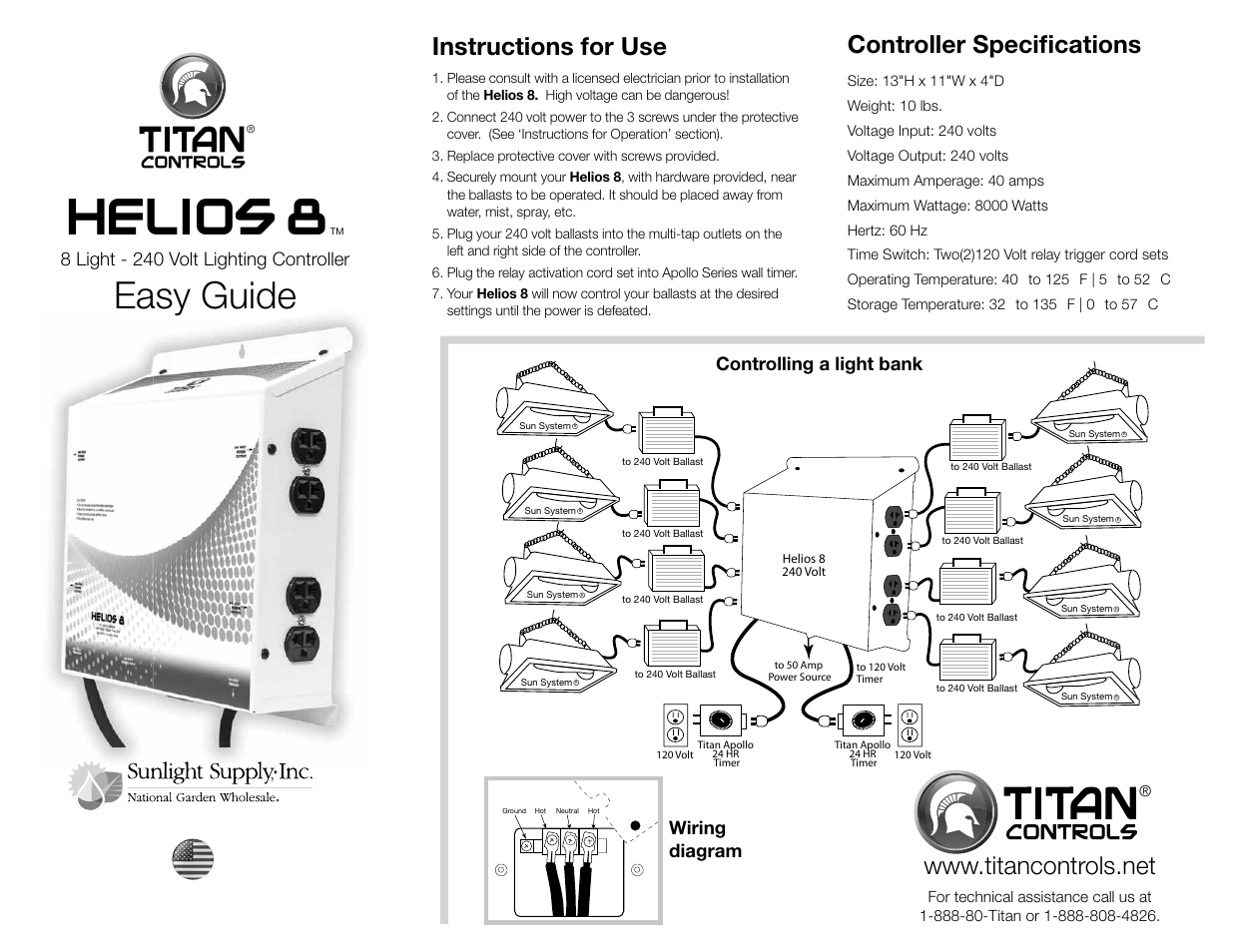Sunlight Supply Titan Controls® Helios® 8 - 8 Light 240V Controller with Dual Trigger Cords User Manual | 2 pages