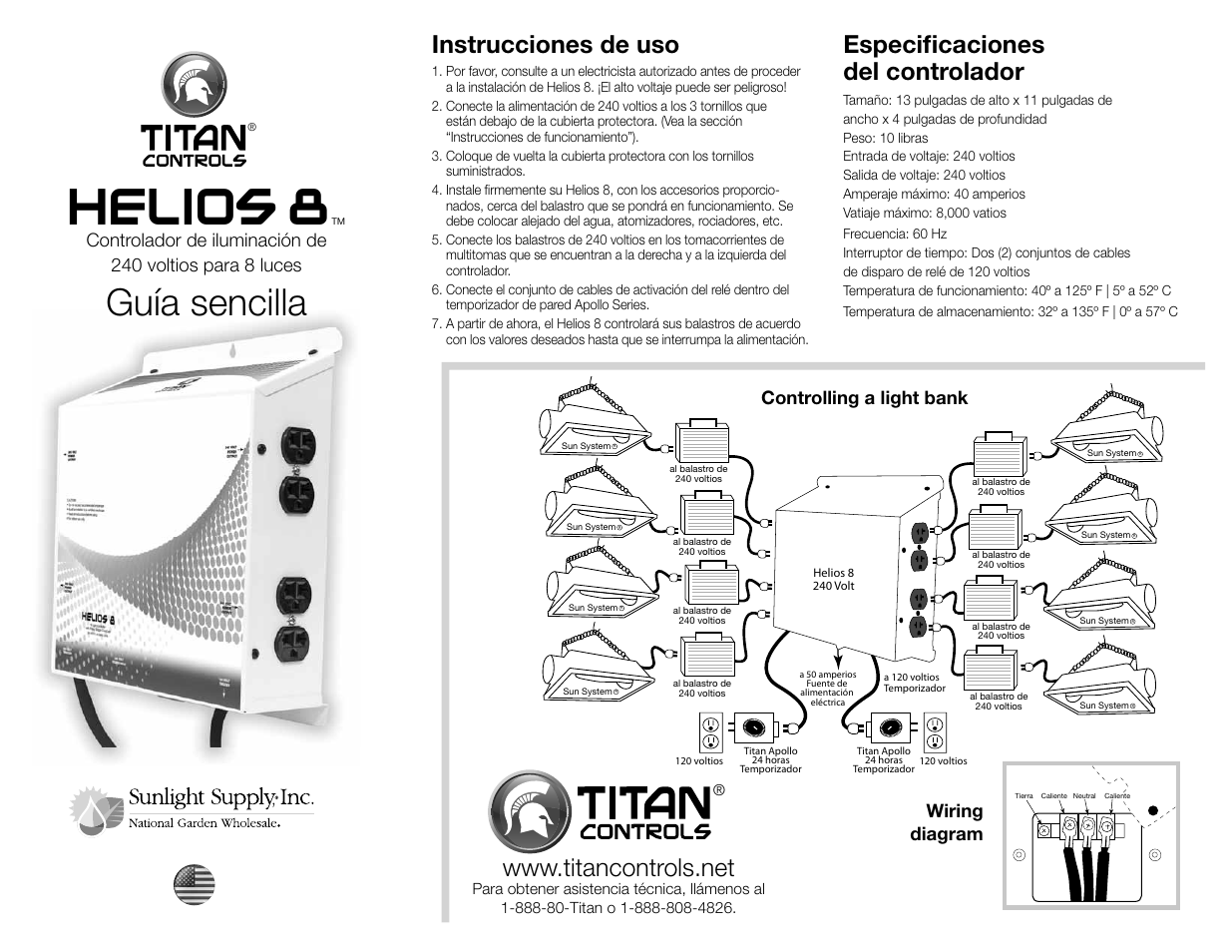 Helios 8, Guía sencilla, Instrucciones de uso | Especiﬁ caciones del controlador, Wiring diagram, Controlling a light bank | Sunlight Supply Titan Controls® Helios® 8 - 8 Light 240V Controller with Dual Trigger Cords User Manual | Page 2 / 2