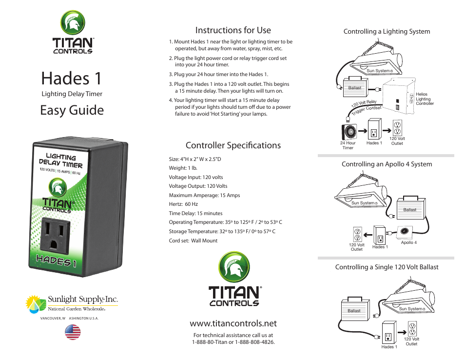 Sunlight Supply Titan Controls® Hades® 1 - 15 Minute Lighting Delay Timer User Manual | 2 pages